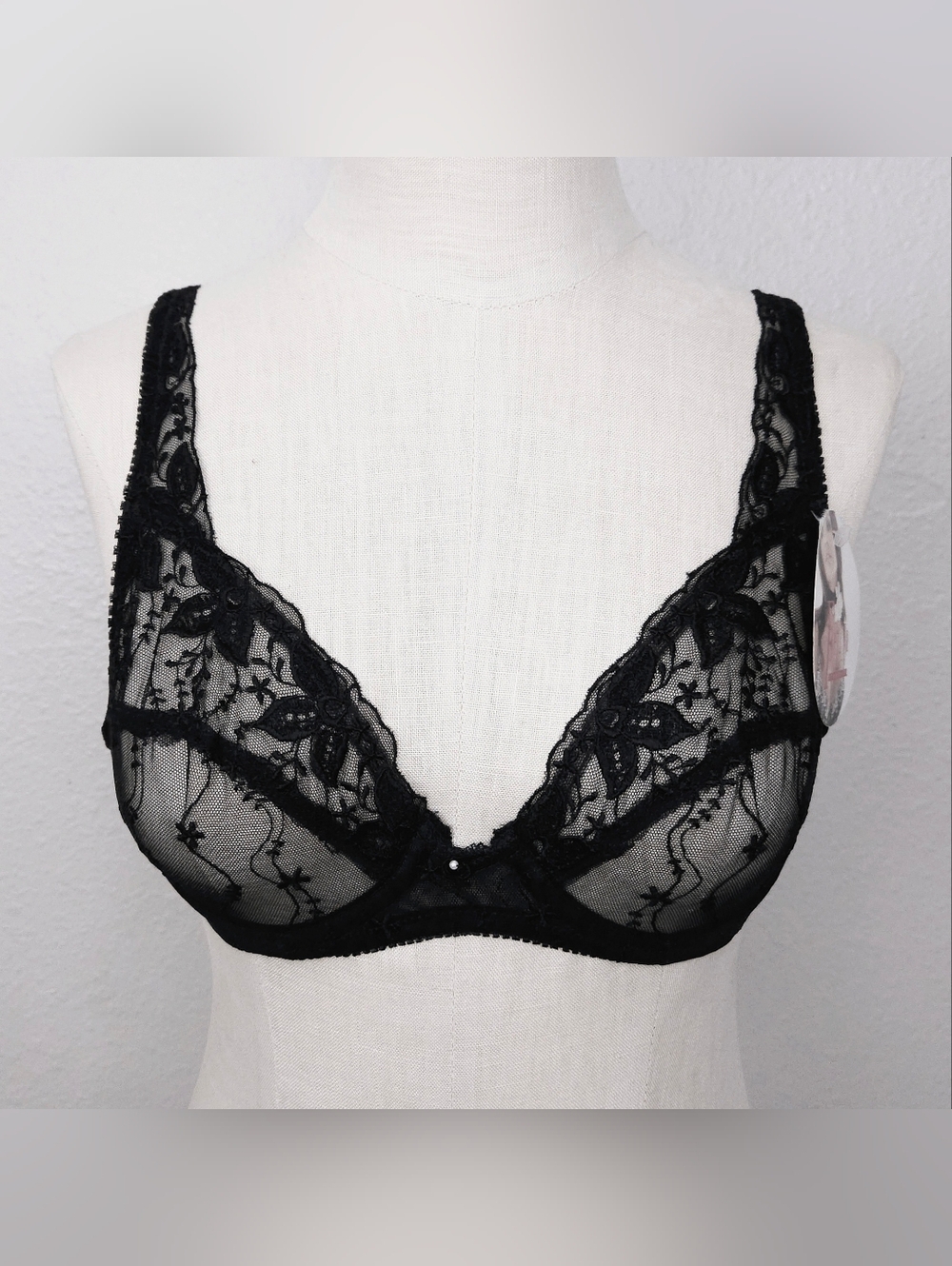 Vintage Felina Lace Bra 34D Black Floral Embroidered